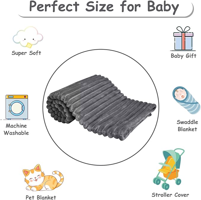 Soft Fleece Baby Blanket Ultra Cozy Grey Baby Blankets for Boys Warm and Lightweight Infant Toddler Newborn Receiving Gift with Reversible Stripes for Crib Stroller, 30x40 Inch, Dark Grey