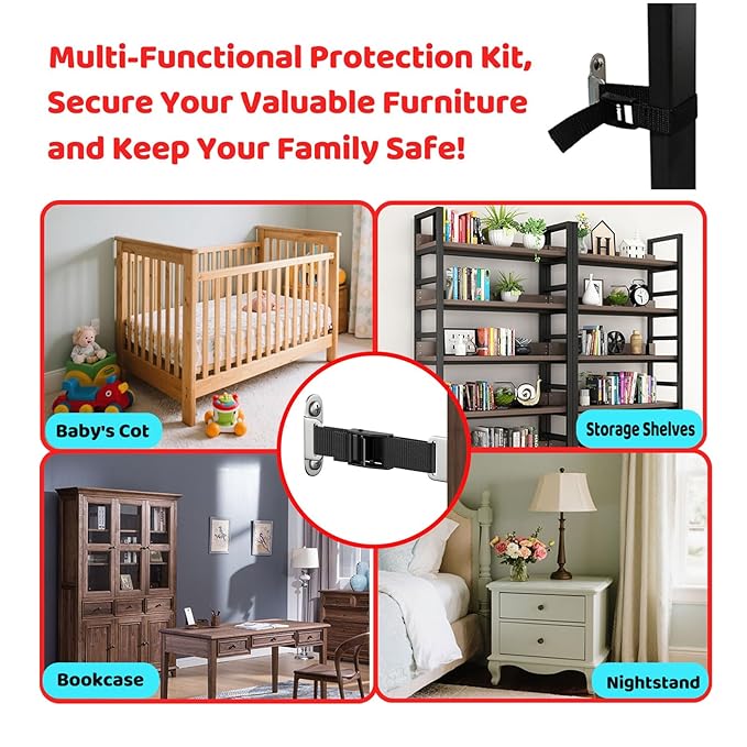 Furniture Anchors for Baby Proofing(2 Sets),Anti Tip Furniture Anchors,Furniture Wall Anchor,Adjustable Furniture Straps,Wall Anchors for Furniture Securing for Baby&Pet Safety