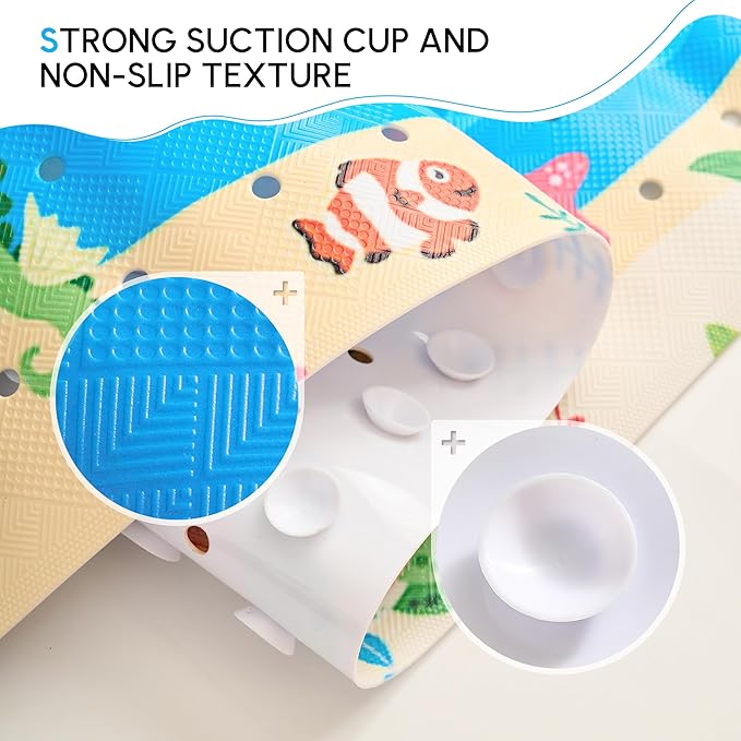 Vannokor Baby Bath Mat for Tub Non Slip Kids, 40 X 16 Inch Extra Long Bathtub Mat with Drain Holes and Suction Cups, Anti Slip Shower Mat Machine Washable, Whale