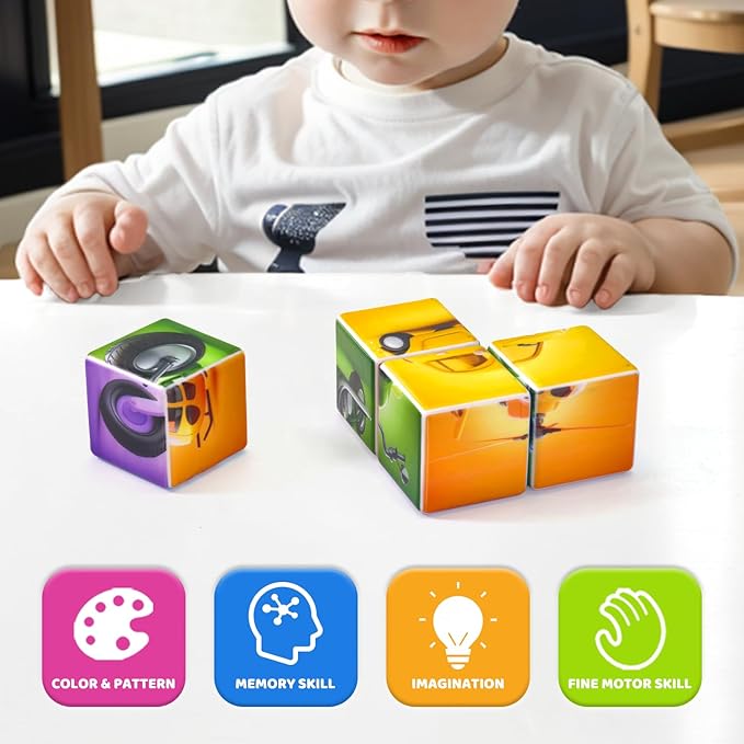 Magnetic Building Blocks Tiles, Large Magnetic 1.65 inch Cubic Puzzle Toys in Vehicles Theme, STEM Montessori Sensory Toys for Toddlers 1-3, Gifts for Girls & Boys