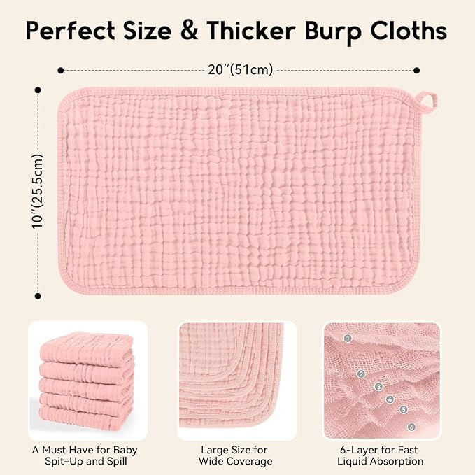 Muslin Burp Cloths for Baby 100% Cotton Burping Cloths for Boys Girls Large 20''X10'' Extra Soft and Absorbent 12 Pack - Flesh Pink
