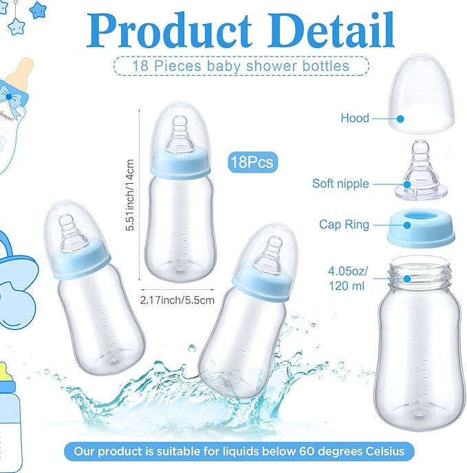 Roowest Bottle Chug Baby Shower Game Favors Including Moon Star Theme Wooden Sign and 18 Pcs Baby Bottles for Gender Reveal Party Supplies