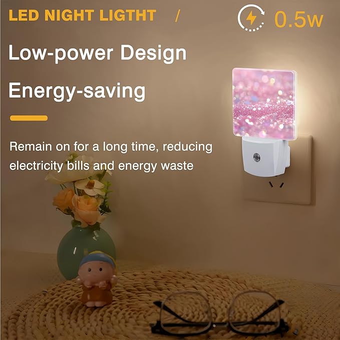 Pink Glitter Night Light, Plug-in Nightlight with Dusk to Dawn Auto Sensor for Home Bedroom Bathroom Hallway Stairway Kitchen 0.5W Sleep Friendly Led Lamp for Women Men