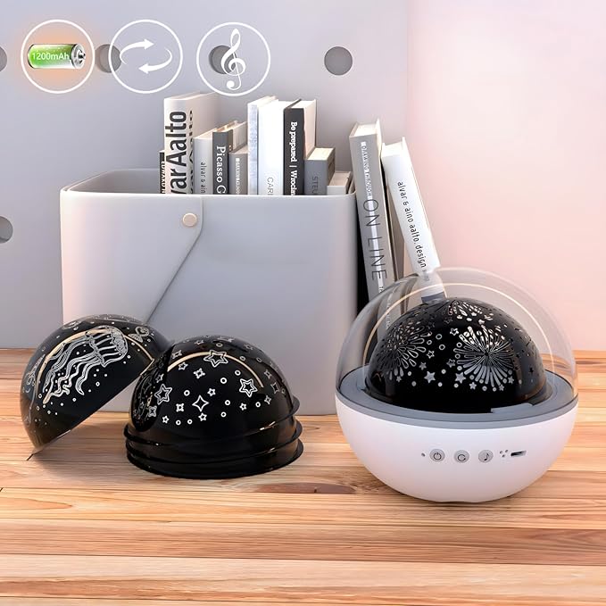 Colorful Life Star Projector Night Light for Kids with Music Box, 5 Films, Rotating Galaxy Light, USB Powered Baby Nursery Lamp for Bedroom (Blue, Green, White, USB-Rechargeable Eight Tone Model)