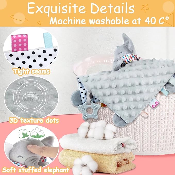 Elephant Security Blanket with Teether - Soft Baby Blanket for Boys & Girls - Dotted, Soothing