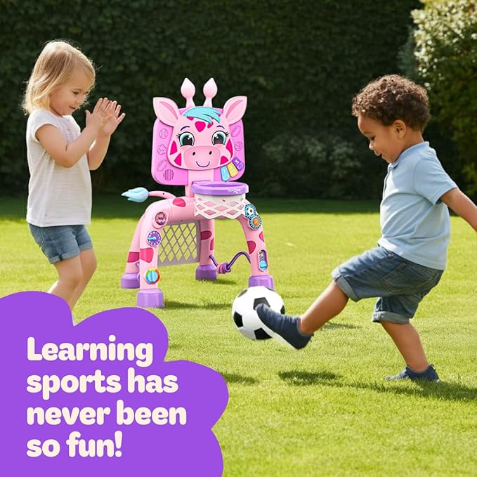 Move2Play, Giraffe Basketball Hoop & Soccer Goal Activity Center | 30+ Sounds & Lights | 1, 2, 3+ Year Old Gift & Birthday Present | 6, 12, 18, 24+ Month Toy For Baby, Toddler, Boys, & Girls