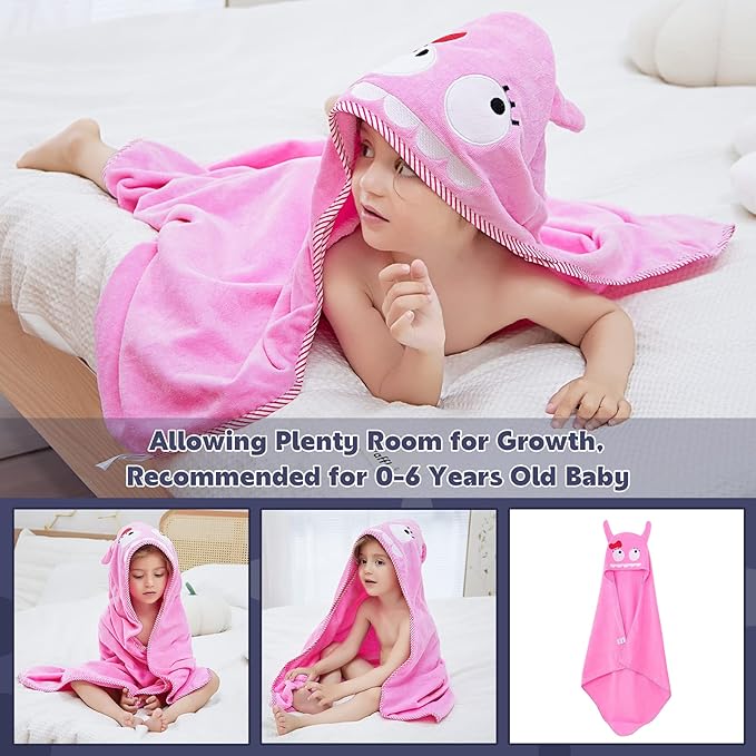 MICHLEY Animal Face Hooded Baby Towel Cotton Bathrobe for Boys Girls 0-6 Year Pink