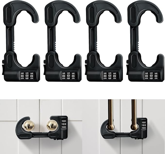 4 Pack Cabinet Locks with Combination Baby Proof Cabinet Door Lock Multifunctional Adjustable Child Safety Lock Knobs Door Lock for Home Refrigerator Doors Cabinet Knobs Double-Door Cabinet (Black)
