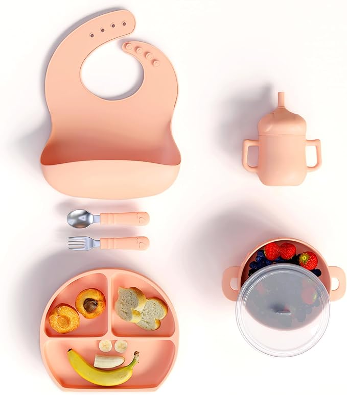 mimi & kiki BPA-Free Silicone Baby Feeding Set, Baby Plates and Bowls Set, Baby Led Weaning Supplies, Silicone Suction Plate, Baby Utensils, Bib and Cup, Self Feeding, Dishwasher Safe (Light Pink)