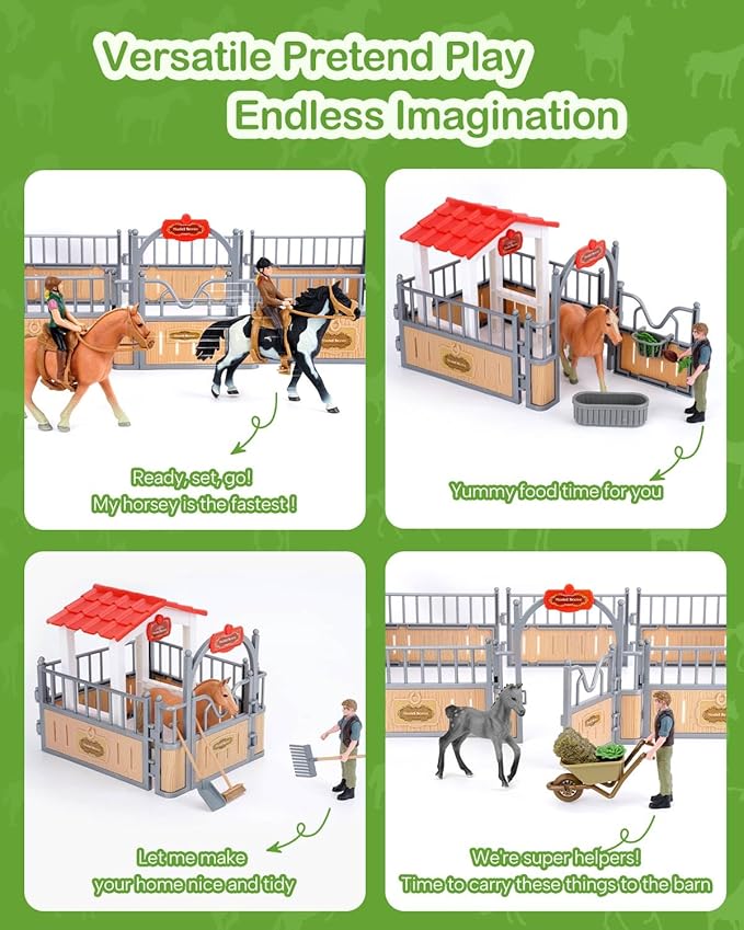 Horse Stable Playset, Horse Gifts for Girls and Boys with 3 Horses and 2 Riders, Horse Toys Set Farm Animals Toys for Kids 3 4 5 6 7 8+ (New Model), Green