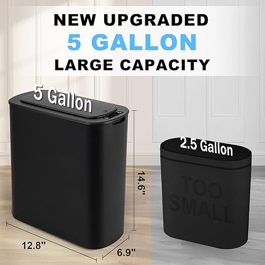 Cesun Motion Sensor Trash Can, 5 Gallon Automatic Bathroom Garbage Can with Lid, Touchless Smart Plastic Slim Wastebasket for Bathroom, Office, rv, Bedroom, Living Room, Black