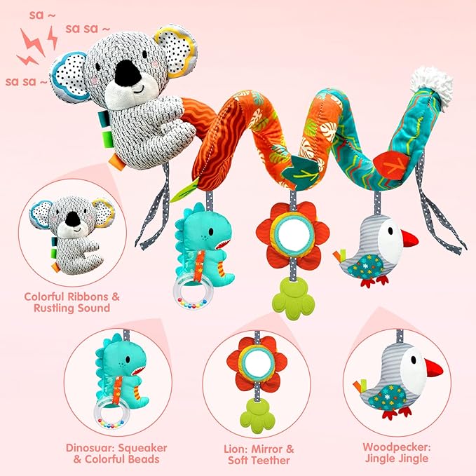 Car Seat Toys for Babies 0-6 Months, Newborn Toys Baby Toy 0-3 Months Stroller Toys, Infant Toy 0-6 Month for Carseat Stroller Crib with Mirror, Rattle, Teether for 0 3 6 9 12 Boys Girls