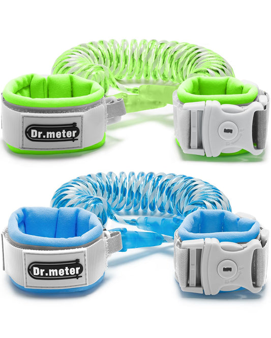 Dr.meter Anti Lost Wrist Link, 2 Pack Toddler Safety Leash with Key Lock, Reflective Child Walking Harness - Dual 8.2ft Length Blue & Green Kids Leash for Supermarket Mall Airport Amusement Park Zoo