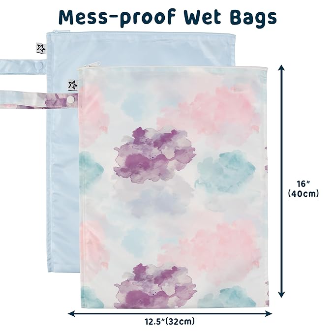 Tiny Twinkle Mess-Proof Waterproof Wet Dry Bag | 2-Pack Reusable Wet Bags for Swimsuits & Baby Clothes | Leakproof Wet Bag for Travel & Diaper Changes for Baby (Cotton Candy)