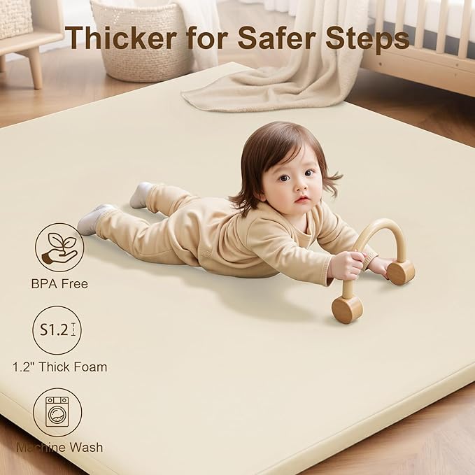 Baby Play Mat for Floor,50x50 Playpen Mat,Non-Slip Leather&Thick Foam Floor Cushion,Removable Waterproof Cover,Easy Care for Baby Crawling,Toddler,Kids,Tummy Time（Beige)