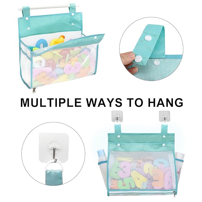 Bath Toy Organizer Multiple Ways to Hang, Extra Large Opening Bathroom Toy Holder, Bottom Zipper Bathtub Toy Storage Bag (Blue)