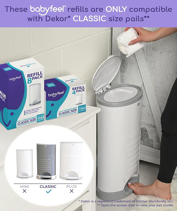 Babyfeel Refills Compatible with DEKOR CLASSIC Diaper Pails | 8 Pack | Exclusive 30% Extra Thickness | Diaper Pail Refills with Powerful Odor Elimination | Powder Scent | Holds up to 3960 Diapers