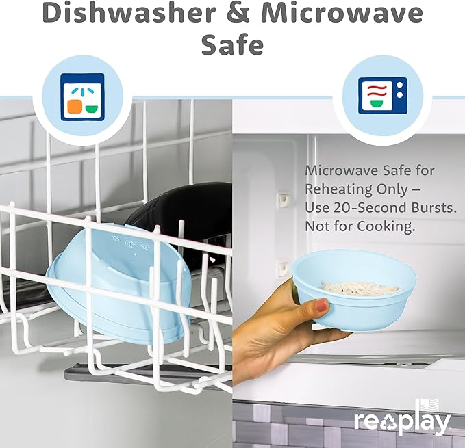 Re-Play 12 oz. Toddler Bowls Set of 3 - Kids Deep-Walled, Durable & Reusable Snack and Meal Bowls, Dishwasher & Microwave Safe, BPA-Free, Made in USA from Recycled Plastic, Beach Baby