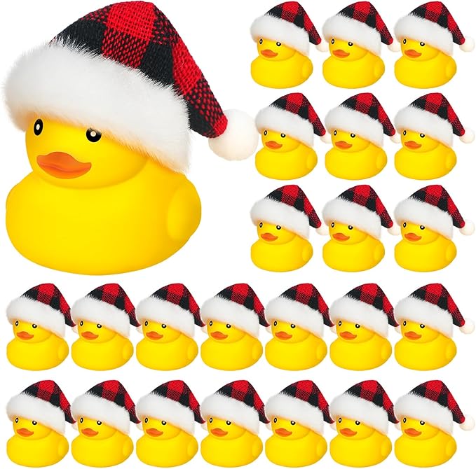 Liliful 48 Pcs Christmas Rubber Ducks with Hat Xmas Mini Rubber Ducks in Bulk Holiday Party Favors Bath Toys for Christmas Party Decor Gift (Berry Plaid Hat)