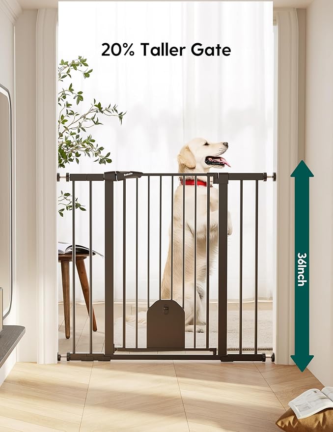 Babelio 36" Tall Auto Close Baby Gate with Small Cat Door, 29-43" Metal Cat Gate for Doorway, Stairs, House. Easy Walk Thru Dog Gate with pet Door, Includes 4 Wall Cups and 3 Extension Pieces, Black