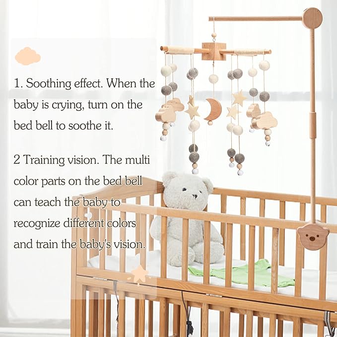 Boho Baby Crib Mobile Decor - Wooden Moon and Stars Nursery Mobiles with Cloud for Bassinet Starry Night Handmade Soft Felt Beads Hanging Wind Chime Toys Pendant for Infant Newborn Boy and Girl