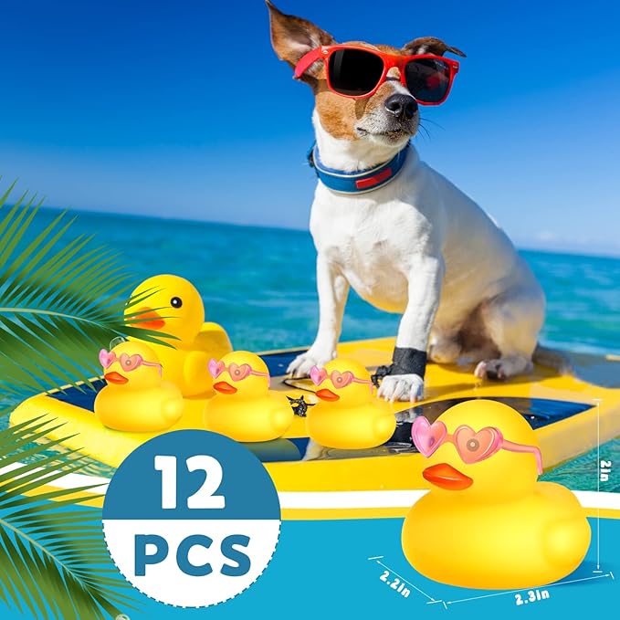 Chivao 12 Pcs Rubber Ducks with 12 Sunglasses/ Hats/ Headwear Small Mini Carnival Cruise Birthday Rubber Duckies Bathtub Toys in Bulk(Duck with Heart Glasses,Yellow)