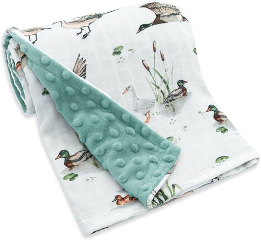 LifeTree Baby Blankets for Newborn, Soft & Lightweight Swaddle Blankets, Muslin Front and Dotted Fleece Backing Receiving Bed Blanket, 31X40 Inches, Baby Girl & Boy Blanket, Duck and Green