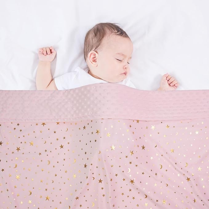Baby Blanket for Boys Girls Soft Minky with Double Layer Dotted Backing, Star and Moon Printed 30 x 40 Inch Receiving Blanket (Pink)