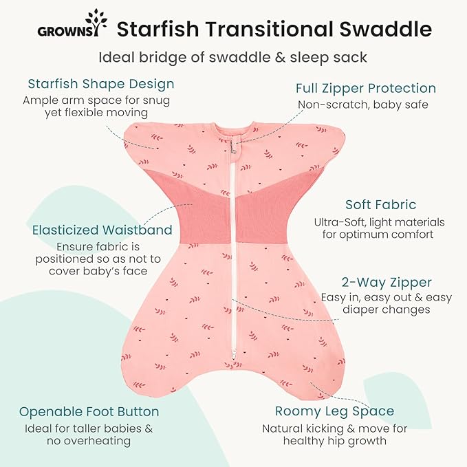 GROWNSY Transitional Swaddle Sleep Sack 6-12 Months, Starfish Design Baby Swaddle Sack, Dual-Zipper for Easy Diaper Changes, Proper Hip Development & Openable Foot Button, 19-27 lbs, Pink