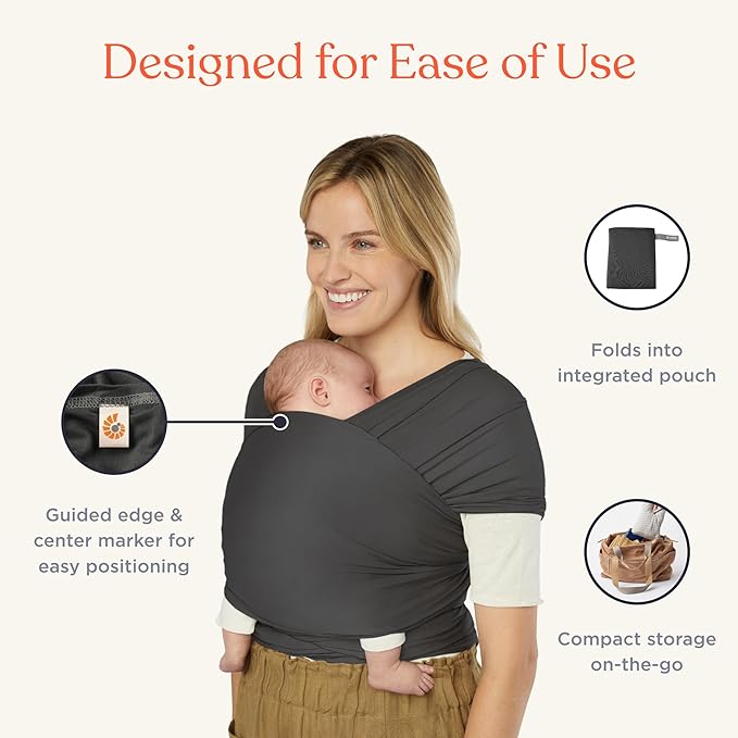 Ergobaby Sustainable Knit Aura Baby Carrier Wrap for Newborn to Toddler (8-25 lbs) - Comfortable, Ergonomic, & Ultra-Soft Newborn Wrap Carrier - One Size Fits Most - Rayon, Soft Black