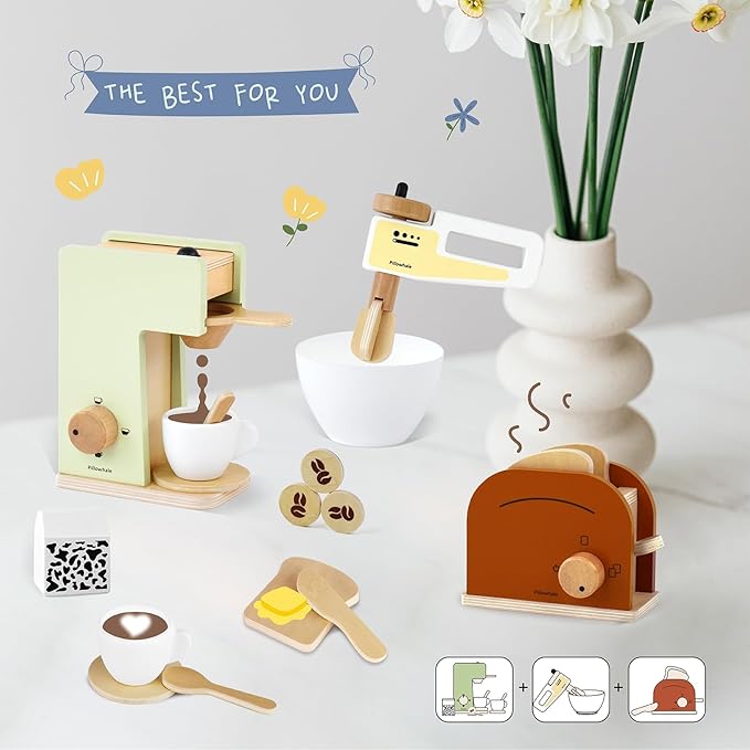 3-in-1 Wooden Café Playset Bundle – Pretend-Play Coffee Maker, Hand Mixer & Pop-Up Toaster with Accessories for Toddlers 3+