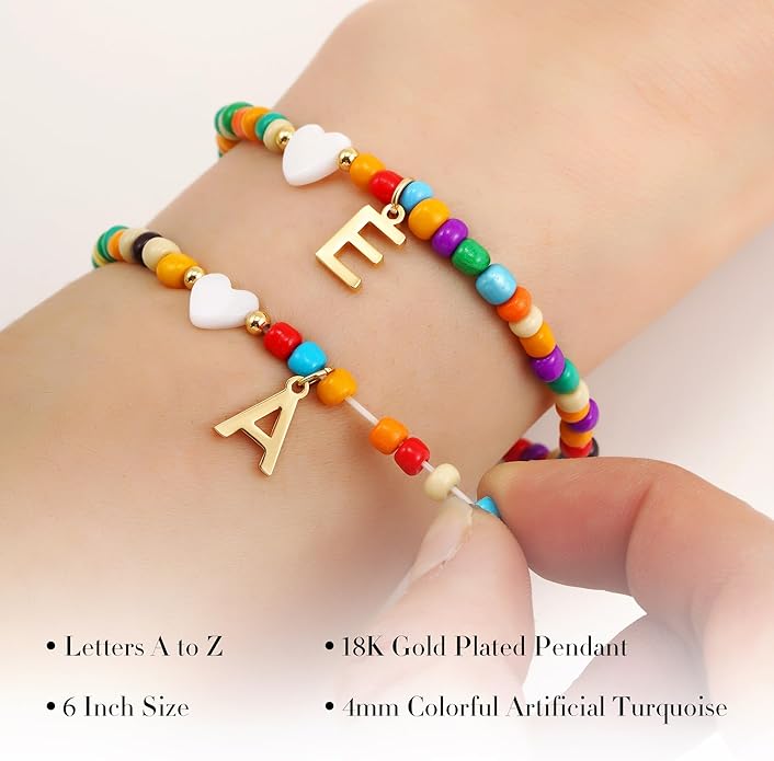 Christmas Gifts for Grandkids Teens Girls - Cute Beaded Heart Initial Bracelets for Women Teen Girl Trendy Stuff, Birthday Gifts Stocking Stuffers for Teen Girls Women Jewelry