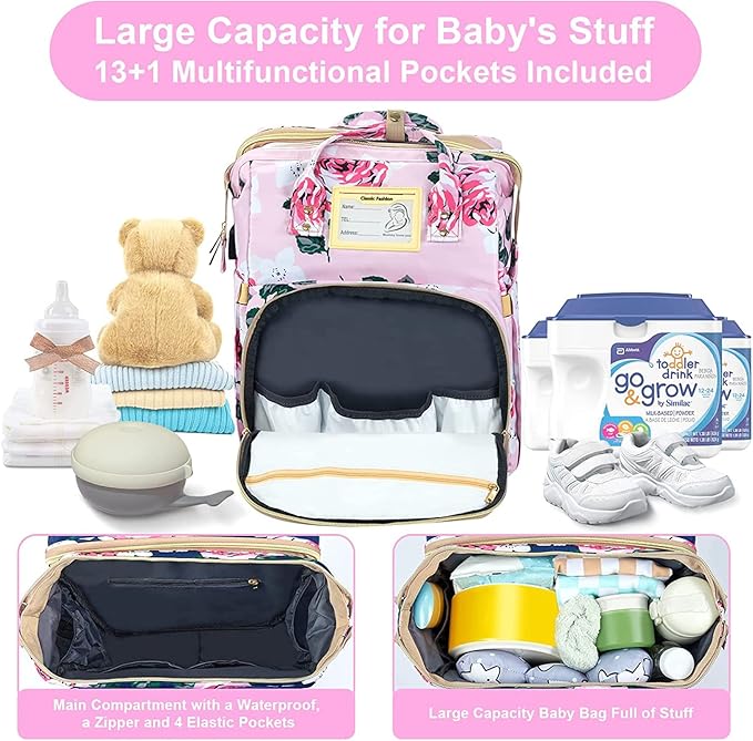 Diaper Bag Backpack with Changing Station, Foldable for Bady Toddler, 3 in 1 Large Capacity Newborn Essentials Organizer with Stroller Hook for Girls and Boys（Pink）