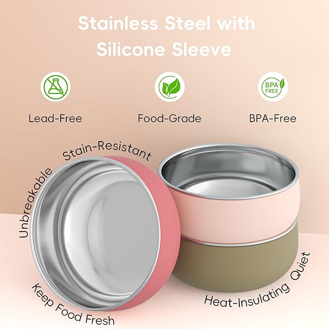 Bella's Friends Stainless Steel Baby Bowls with Silicone Sleeve 3 Pack, 5” for Toddlers Kids Feeding, Non-Slip, Non-Toxic, Mess-Free, Dishwasher Safe, Fit High Chair Size