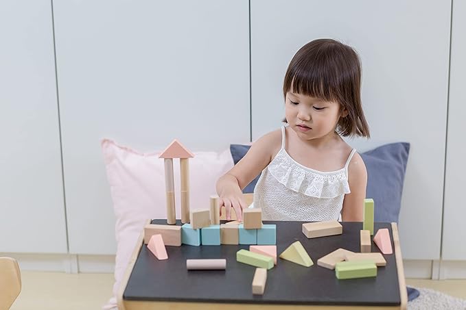 PlanToys 40 Piece Unit Block Building and Construction Block Set (5507) | Pastel Color Collection |Sustainably Made from Rubberwood and Non-Toxic Paints and Dyes