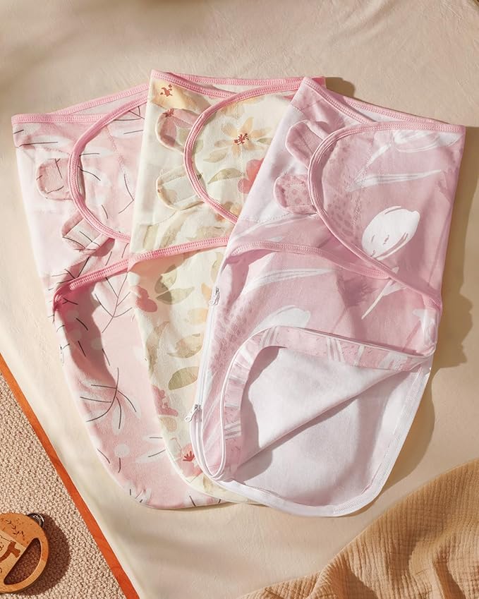 Baby Swaddles for Newborns with Zipper, 100% Cotton Newborn Swaddle Sack, 3 Pack Baby Swaddles 0-3 Months Swaddle Sleep Sack for Newborn Baby Boy Girl Pink Flower