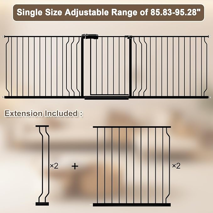 WAOWAO Baby Gate 85.83-95.24" Extra Wide Pressure Mounted Walk Through Swing Auto Close Safety Black Metal Toddler Kids Child Dog Pet Puppy for Stairs,Doorways,Kitchen