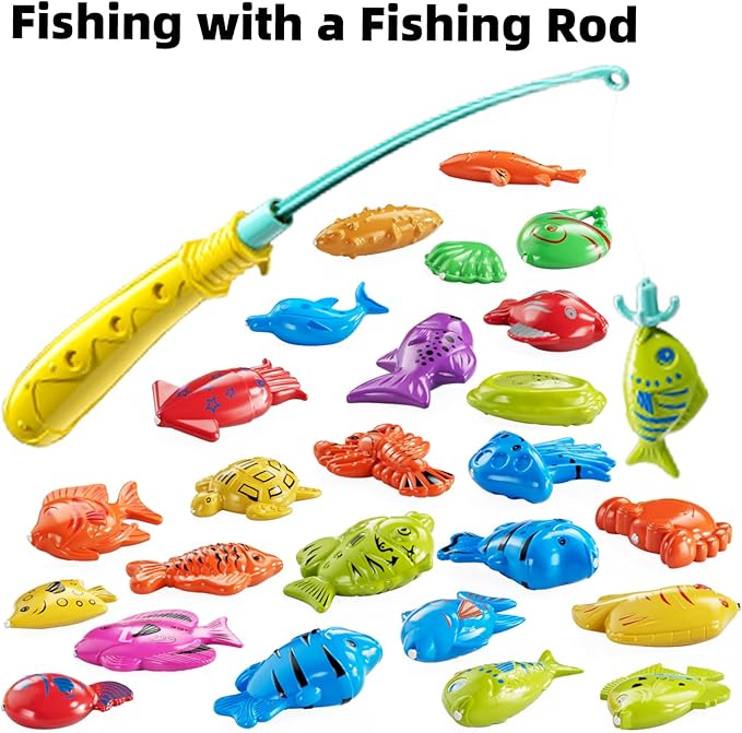 TEMI Fishing Toy Game for Kids 3 4 5 6 7 8 Years Old, 51 Fish Bath Playset for Toddlers, Toy Magnetic Rod and Fishing Net, Outdoor Water Toys for Kids Age 3-5, Party for Boy and Girl