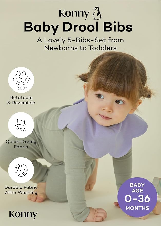Konny Baby Bibs Set, 360 ° Rotate, Soft and Absorbent Bandana Drooling for Boys Girls baby Essentials