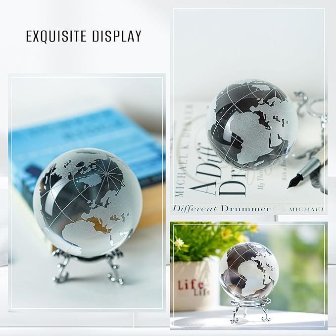 80mm Crystal Earth Globe Ball with Stand World Map Glass Sphere Desk Office Home Decor Glass World Globe Paperweight