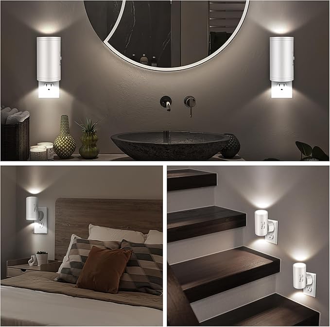 Dimmable LED Night Light Plug into Wall - Adjustable Rotating Lamp with Light Sensor, Auto On/Off from Dusk to Dawn for Bedroom, Hallway, Bathroom 2-Pack