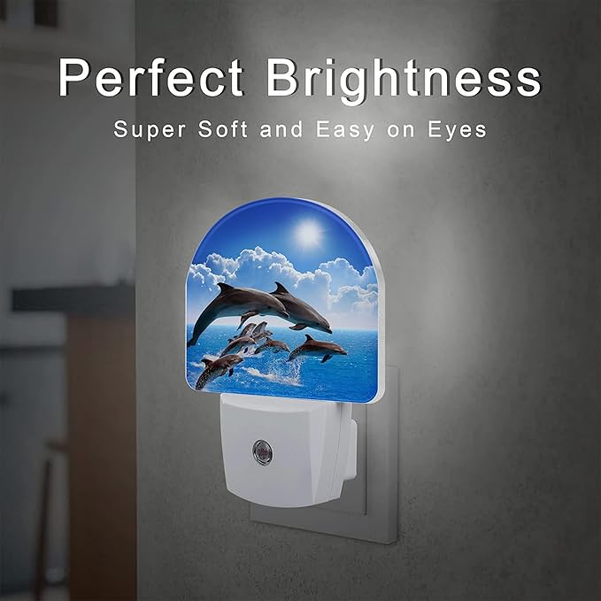 Jumping Dolphins Night Light Plug into Wall, Blue Sea and Bright Sky Dusk to Dawn Night Light Plug in,0.5w Energy Saving Sleep Friendly NightLight for Kids Boys Girls Home Decor