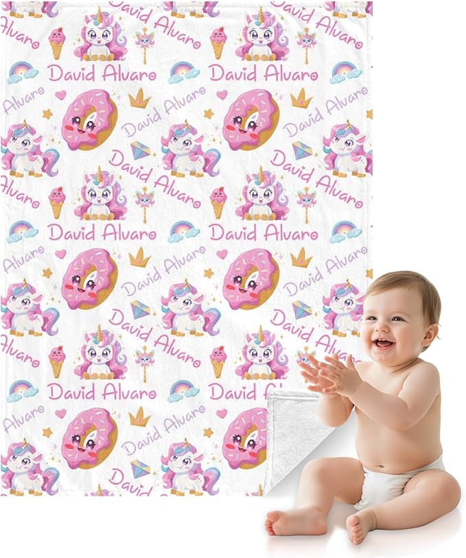 Ship Next Day Personalized Baby Blanket, Printed in USA - Custom Name Toddler Blanket with Rainbow Horse Pattern, Personalized