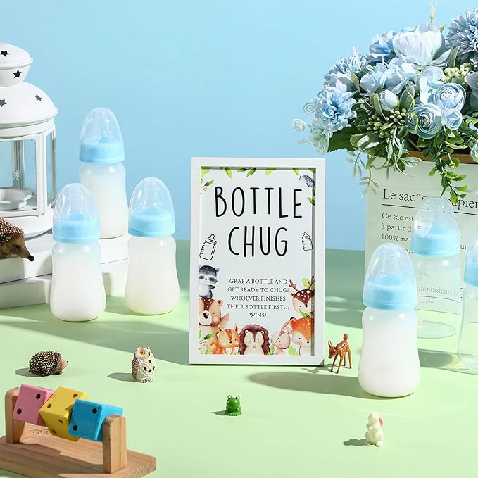 Roowest Bottle Chug Baby Shower Game Favors Including Woodland Animal Theme Wooden Sign and 18 Pcs Baby Bottles for Gender Reveal Party Supplies
