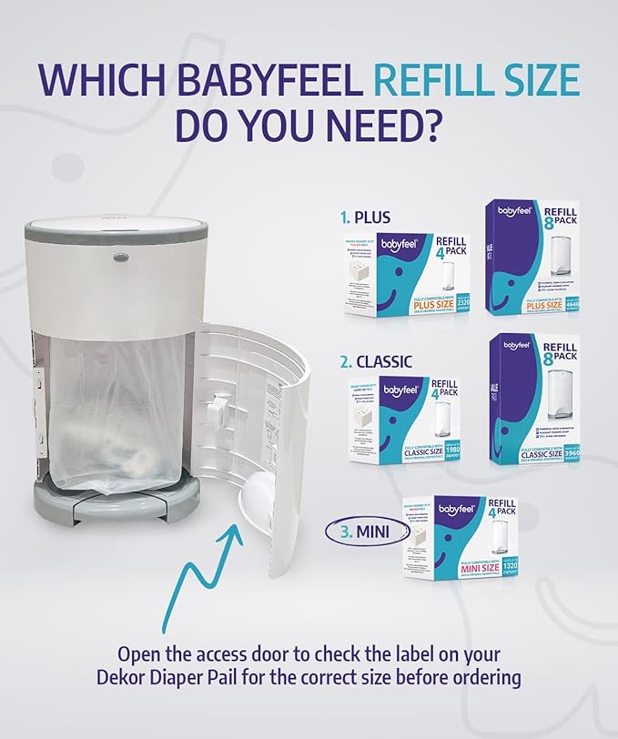 Babyfeel Refills Compatible with DEKOR MINI Diaper Pails | 4 Pack | Exclusive 20% Extra Thickness | Diaper Pail Refills with Powerful Odor Elimination | Powder Scent | Holds up to 1320 Diapers