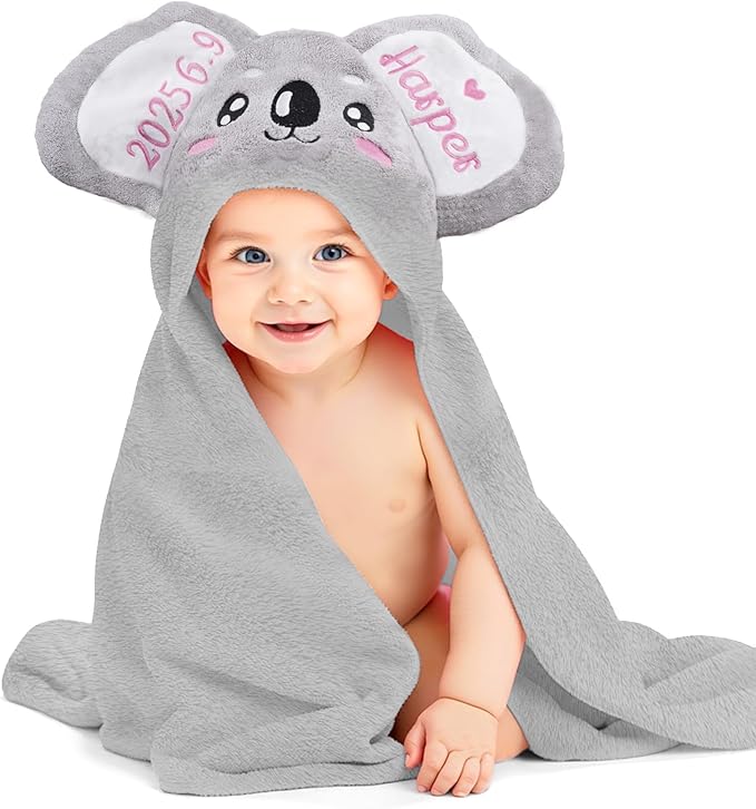 Custom Hooded Bath Towel with Name, Personalized Highly Absorbent Bunny Towels, Baby Bath Towels for Girls Boys, Brithday for Baby, Toddler, Newborn (Koala-Grey)