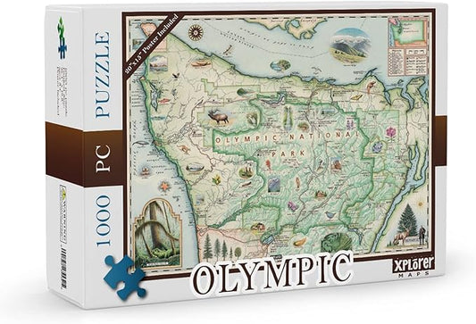 Olympic National Park Map Cardboard Jigsaw Puzzle -1000 Pieces, Hand-Illustrated - Educational, Family Activity, Ages 7+, Includes Poster - 25.4 x 19.8