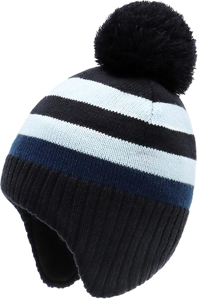 Duoyeree Kids Beanie Hat for Boys Girls Pom-pom Kint Hats Cozy Lining Winter Skull Cap