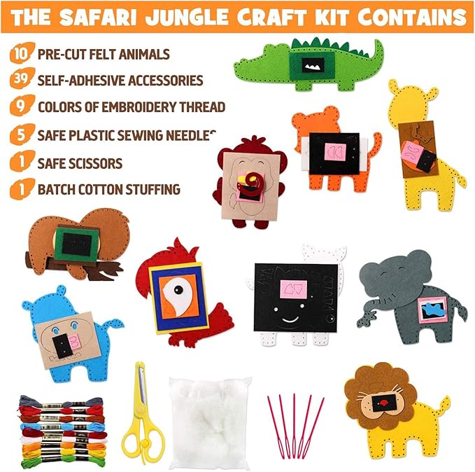 FYXGZZH Kids Beginner Sewing Kit – DIY Stuffed Craft Set with Pre-Cut Felt, Plastic Needle & Embroidery Thread, Educational Arts & Crafts for Boys & Girls Ages 6-12, Jungle Animal