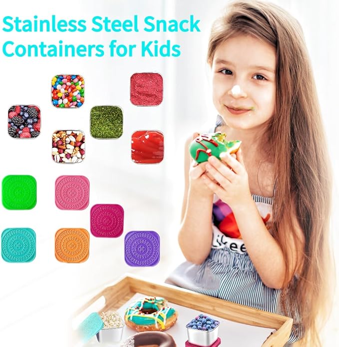 6Pack 6oz Stainless Steel Snack Containers for Kids, Easy Open Leak Proof Metal Toddler Snack Containers with Silicone Lids, Stackable Metal Toddler Lunch Box for Daycare, School and Travel